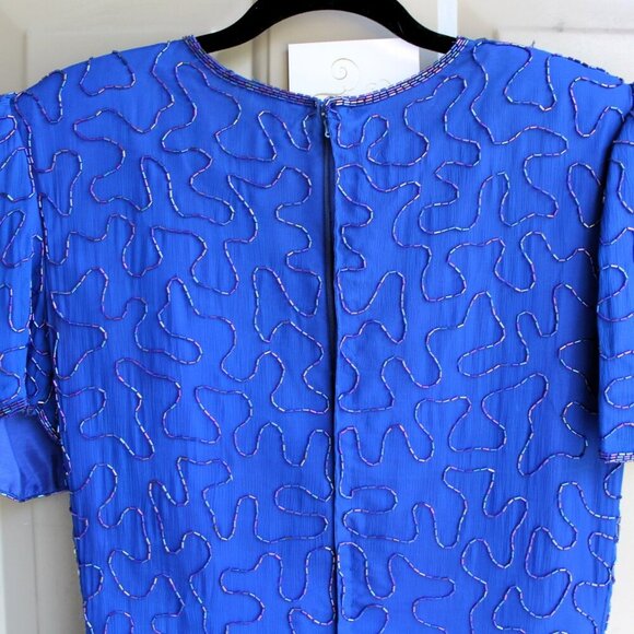 Vintage Swee Lo Dress Women's Medium Cobalt Blue Beaded Sequins Silk Shoulder Pa - Picture 6 of 10